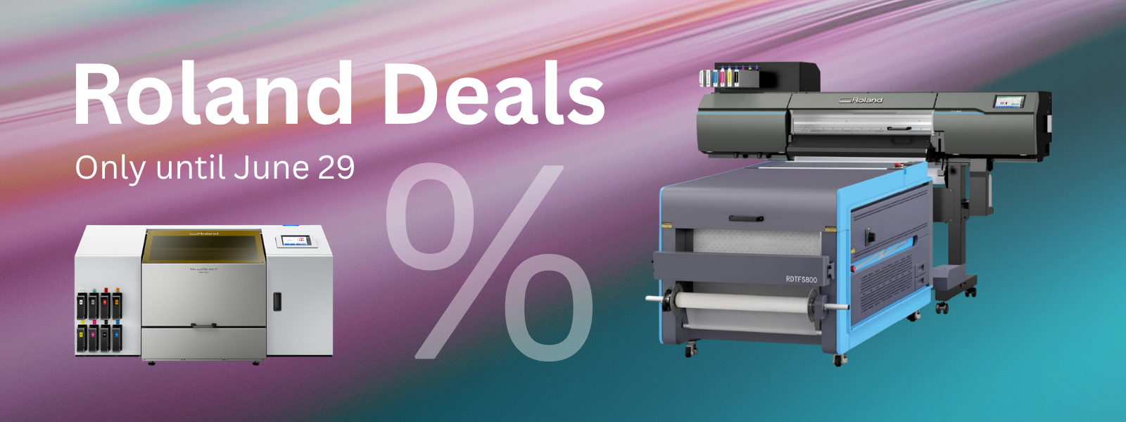 Two Roland printers before a colored background